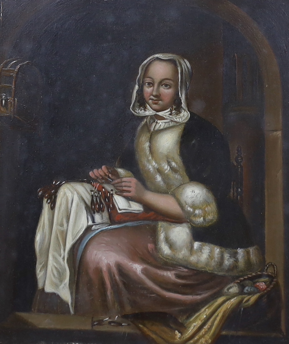 After Gabriel Metsu (Dutch, 1629-1667), oil on tin, 'The Lace Maker', 19cm x 15cm, ornate gilt frame